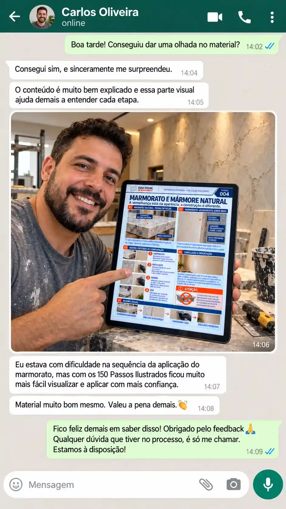 Conversa de WhatsApp com depoimento sobre o guia de Marmorato