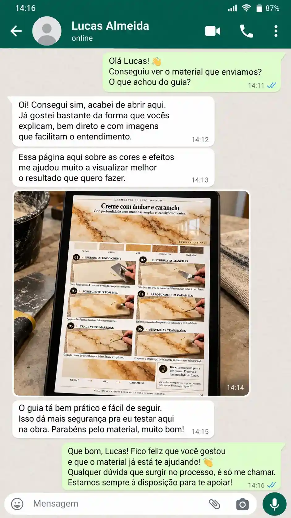 Conversa de WhatsApp com depoimento sobre o guia de Marmorato